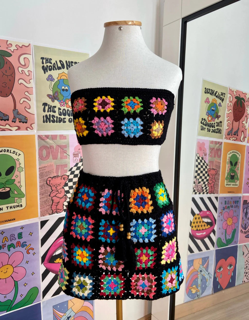 Conjunto Saia e Faixa Square Crochê Oca Preto