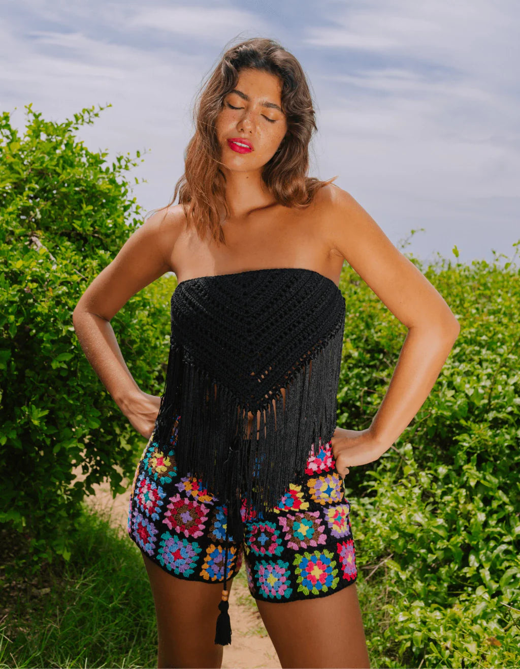 Cropped Franja Crochê Preto