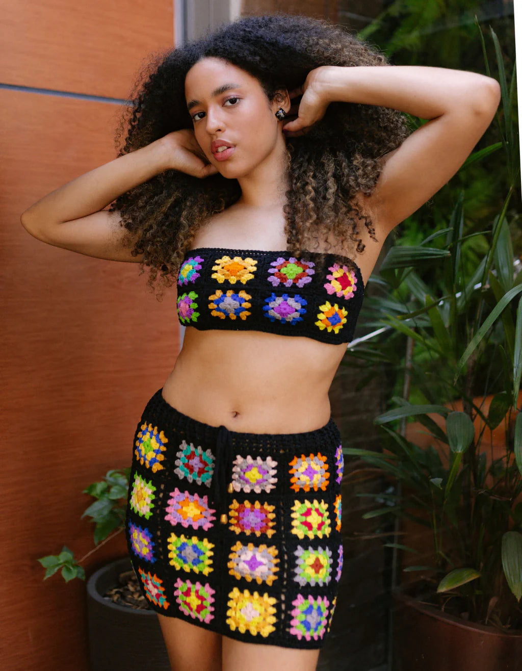 Conjunto Saia e Faixa Square Crochê Oca Preto