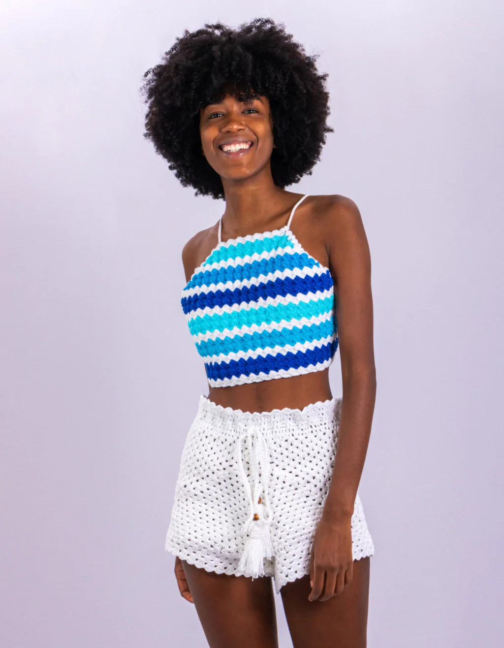 Conjunto Short e Cropped Crochê Marinheira